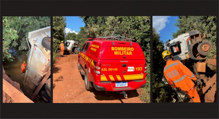 CORPO DE BOMBEIROS RESGATA MOTORISTA DE CAMINHÃO APÓS QUEDA DE PONTE